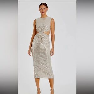 Mac Duggal Silver Sequin Cutout Midi Dress